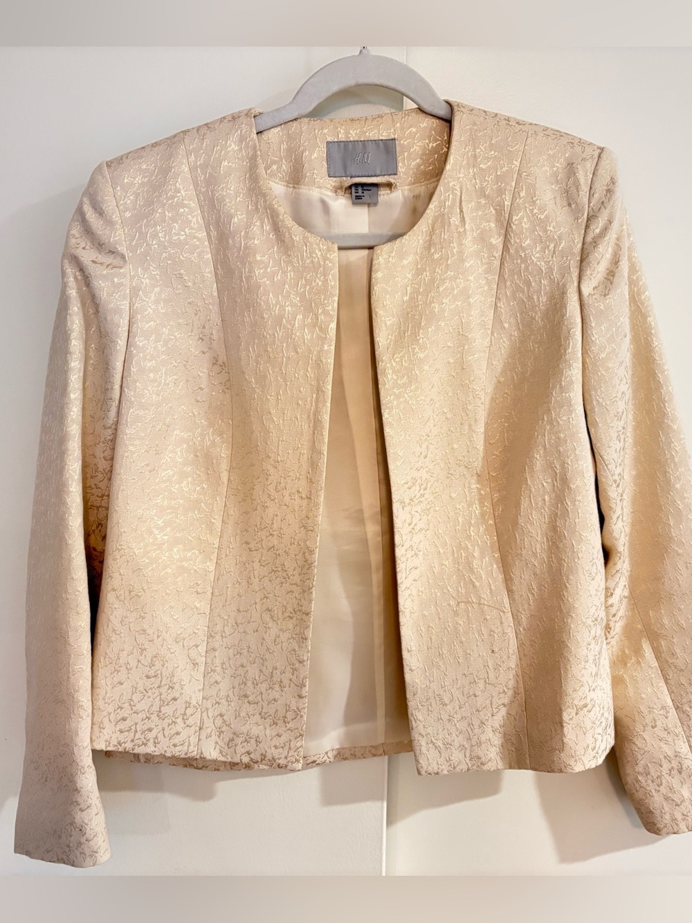 H&M Ivory Gold Open Front Blazer Jacket Size 10 Medium Cream Collarless Lined